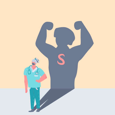 Medic male on yellow backdrop. Superhero shadow for social banner or propaganda, web element, health care promo, medical poster.のイラスト素材