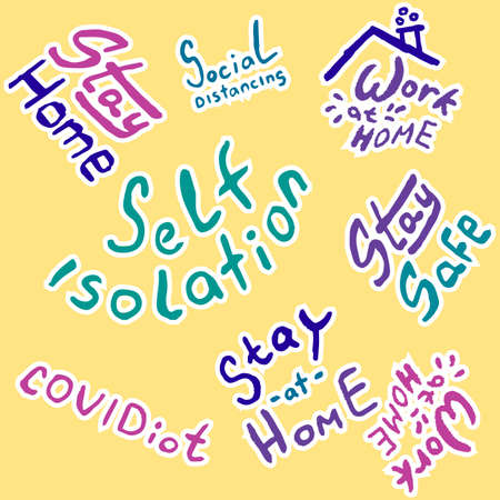 Stay at home text on yellow backdrop. Self isolation for social banner, medical or propaganda poster, social network warning, info card, cloth print. Minimal style stock vector illustrationのイラスト素材