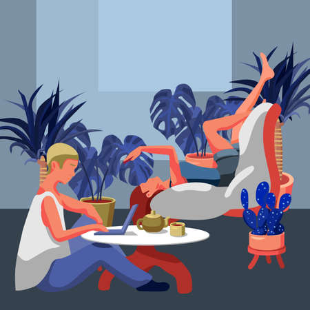 Isolation at home on grey backdrop. Online studying for website or social banner, remote job vacancy, info card, labor exchange. Web template or landing page. Flat style stock vector illustrationのイラスト素材