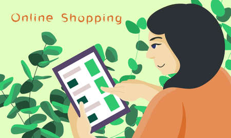 Online shopping text on green backdrop. Internet order with copy space for social banner, web store or Courier service poster.のイラスト素材