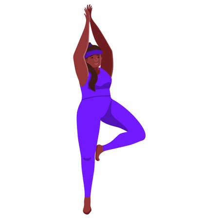 Afro girl on white isolated backdrop. Yoga pose for healthy lifestyle blog, landing page, card or cloth print, body positive website.のイラスト素材