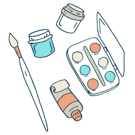 Pencil and eraser sticker set on white isolated backdrop. Stationery for invitation or gift card, notebook, bath tile, scrapbook. Phone case or cloth print art. Doodle style stock vector illustrationのイラスト素材