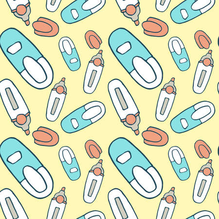 Drawn felt-tip pen on yellow backdrop. Stationery seamless pattern for wallpaper, wrap paper, sleeper, bath tile, apparel or bed linen Phone case or cloth print. Doodle style stock vector illustrationのイラスト素材