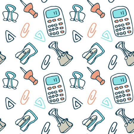 Calculator and binder on white backdrop Stationery seamless pattern for wallpaper, wrap paper, sleeper, bath tile, apparel or bed linen Phone case or cloth print Doodle style stock vector illustrationのイラスト素材