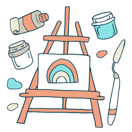 Easel and pallet knife sticker set on white isolated backdrop. Rainbow for invitation or gift card, notebook, bath tile, scrapbook Phone case or cloth print art. Doodle style stock vector illustrationのイラスト素材