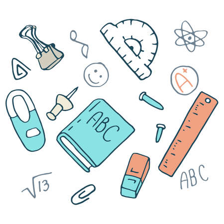 Ruler and eraser sticker set on white isolated backdrop. Stationery for invitation or gift card, notebook, bath tile, scrapbook. Phone case or cloth print art. Doodle style stock vector illustrationのイラスト素材