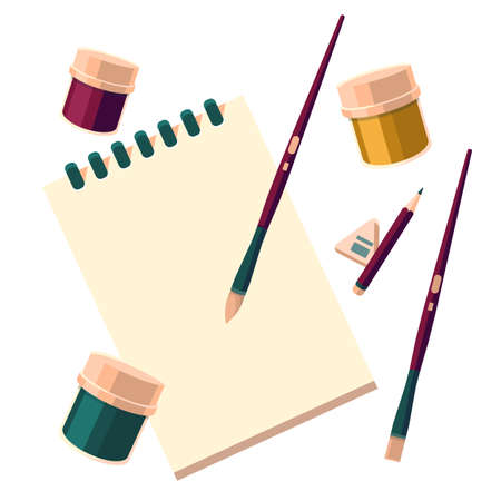 Sketchbook and paint brush sticker set on white isolated backdrop. Stationery for invitation or gift card, notebook, bath tile, scrapbook Phone case or cloth print Flat style stock vector illustrationのイラスト素材