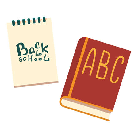 Textbook and notepad sticker set on white isolated backdrop. School primer for invitation or gift card, notebook, bath tile, scrapbook. Phone case or cloth print. Flat style stock vector illustrationのイラスト素材