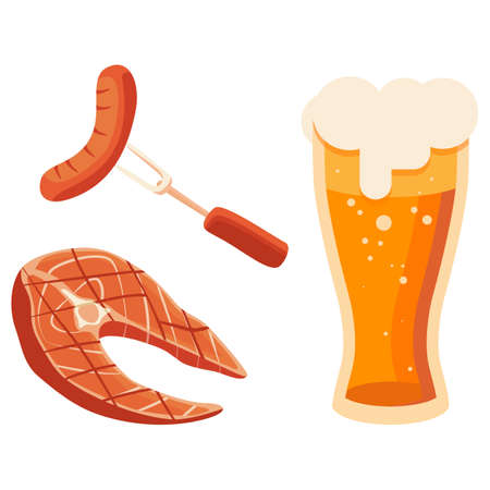 Fried steak and glass of beer on white isolated backdrop.のイラスト素材