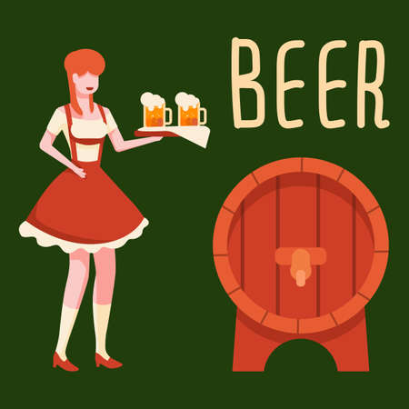 Bavarian girl with beer tray on green backdrop. Vintage wooden barrel for invitation or gift card, notebook, beer pub logo, scrapbook. Phone case or cloth print. Flat style stock vector illustrationのイラスト素材