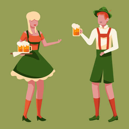 Dutch girl gives a man mug of beer on green backdrop. Octoberfest party for invitation or gift card, notebook, beer pub logo, scrapbook. Phone case or cloth print. Flat style stock vector illustrationのイラスト素材