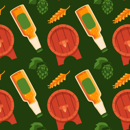Retro barrel and beer bottle on green backdrop. Brewery seamless pattern for wallpaper, wrap paper, sleeper, bath tile, apparel or bed linen. Bag or hoody print. Flat style stock vector illustrationのイラスト素材