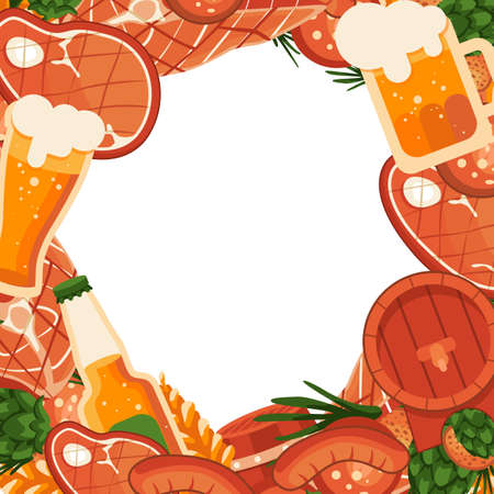 BBQ meat and beer with copy space on white backdrop. Oktoberfest banner for invitation or gift card, notebook, bath tile, scrapbook. Phone case or cloth print art. Flat style stock vector illustrationのイラスト素材