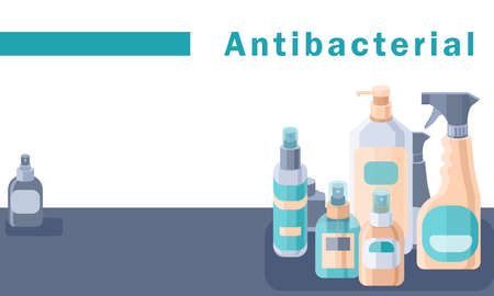 Antibacterial text with copy space on white backdrop. Antiseptic bottles for social banner, hygiene promotion, medical poster. Chemist shop logo or info card. Minimal style stock vector illustrationのイラスト素材