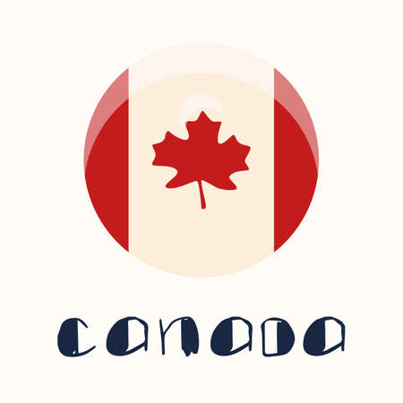 Round canadian flag on white isolated backdrop. Canada text with maple leaf for invitation or gift card, social banner, holiday flyer. Phone case or cloth print. Flat style stock vector illustrationのイラスト素材