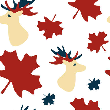 Abstract moose head on white backdrop. Maple leaf seamless pattern for wallpaper, wrap paper, sleeper, bath tile, apparel or bed linen. Phone case or cloth print. Flat style stock vector illustrationのイラスト素材