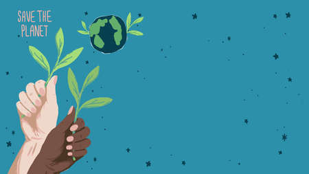 Save the planet text with copy space on blue backdrop. Two arms for invitation or gift card,...