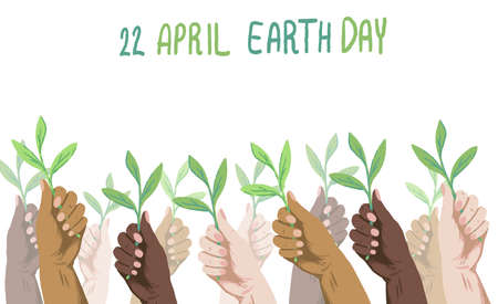 Earth day poster with copy space on white isolated backdrop. Multinational arms for invitation or...