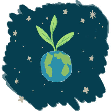 Earth planet sticker on white isolated backdrop. Green twig for invitation or gift card, social banner, flyer, pillowcase. Phone case or cloth print art. Hand drawn style stock vector illustrationのイラスト素材