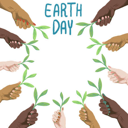 Earth day text with copy space on white isolated backdrop. Multinational arms for invitation card,...