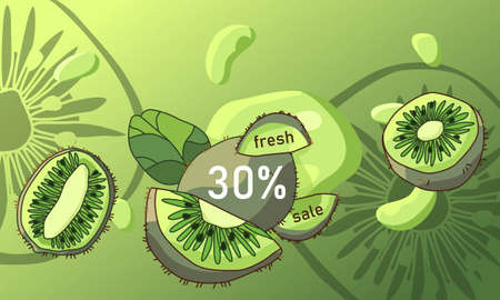 Kiwi fresh sale banner on green gradient backdrop. Juicy discount offer for vegan shop, promo card, healthy food shop. Internet store or website banner. Drawn style stock vector illustrationのイラスト素材