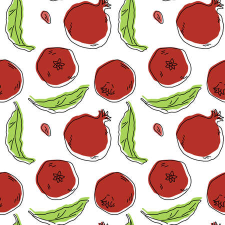 Pomegranates with leaves on white backdrop. Juicy fruit seamless pattern for wrap paper, sleeper, bath tile, apparel or bed linen. Phone case or cloth print. Drawn style stock vector illustrationのイラスト素材