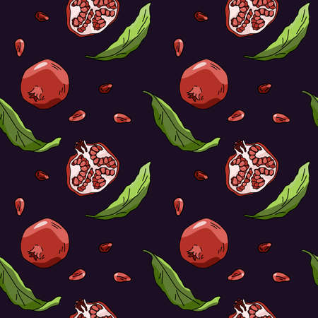 Pomegranate with leaves on violet backdrop. Fruit seamless pattern for wallpaper, wrap paper, sleeper, bath tile, apparel or bed linen. Phone case or cloth print. Drawn style stock vector illustrationのイラスト素材