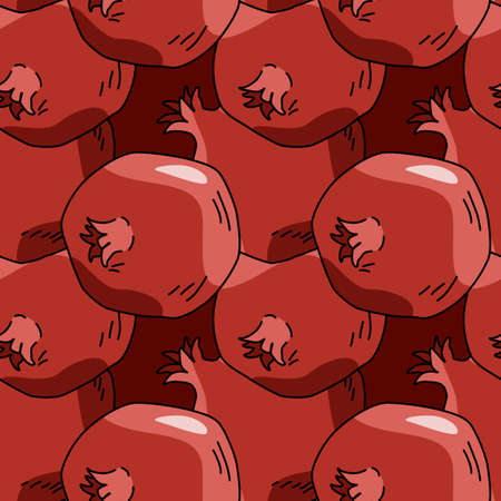 Pomegranate on burgundy backdrop. Granate seamless pattern for wallpaper, wrapping paper, sleeper, bath tile, apparel or bed linen. Phone case or cloth print. Drawn style stock vector illustrationのイラスト素材