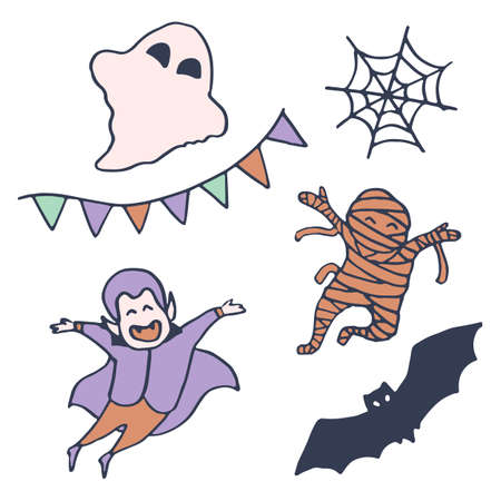 Halloween vampire icon on white isolated backdrop. Mummy and bat for invitation or gift card, notebook, bath tile, scrapbook. Phone case or cloth print art. Doodle style stock vector illustrationのイラスト素材