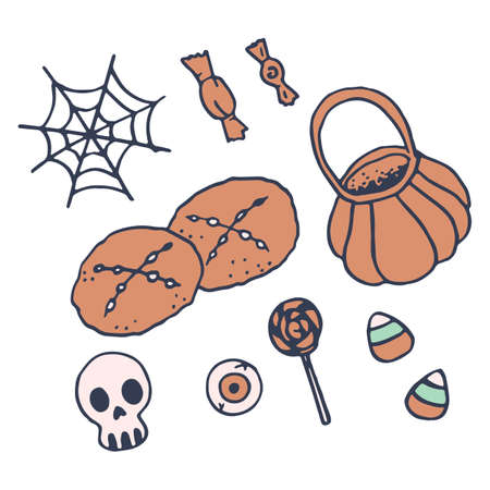 Halloween treats on white isolated backdrop. Skull and pumpkin for invitation or gift card, notebook, bath tile, scrapbook. Phone case or cloth print art. Doodle style stock vector illustrationのイラスト素材