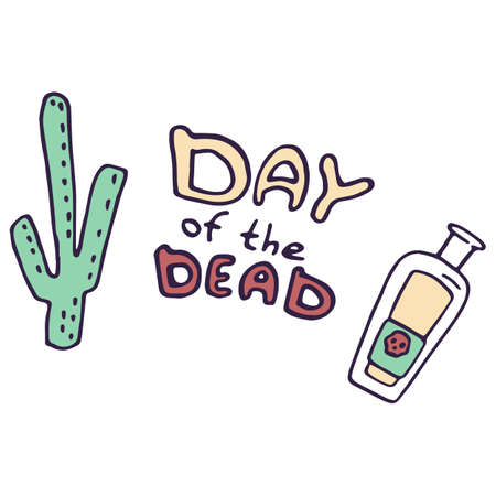 Tequila and cactus on white isolated backdrop. Day of the dead symbol for invitation or gift card, notebook, bath tile, scrapbook Phone case or cloth print Doodle style stock vector illustrationのイラスト素材