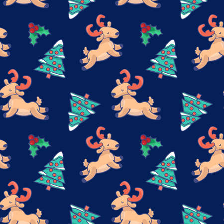 Deer, holly on navy blue backdrop. Christmas tree seamless pattern for wallpaper, wrap paper,...