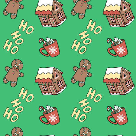 Gingerbread house on green backdrop. Christmas seamless pattern for wallpaper, wrap paper, sleeper, bath tile, apparel or bed linen. Phone case or cloth print. Doodle style stock vector illustrationのイラスト素材