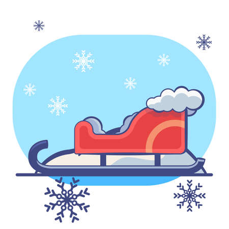 Red Santa sledge on white isolated backdrop. Christmas holiday postcard for invitation or gift card, notebook, bath tile, scrapbook. Phone case or cloth print. Flat style stock vector illustrationのイラスト素材