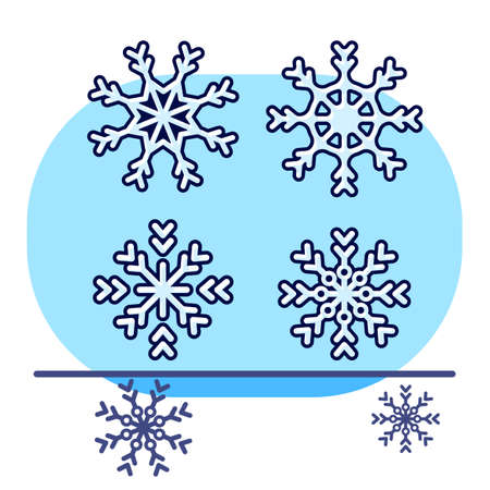 Snowflake sticker set on white isolated backdrop. Christmas postcard for invitation or gift card, notebook, bath tile, scrapbook. Phone case or cloth print. Flat style stock vector illustrationのイラスト素材