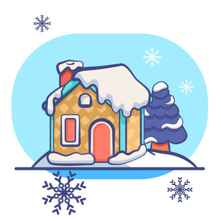 Gingerbread house on white isolated backdrop. Christmas holiday postcard for invitation or gift card, notebook, bath tile, scrapbook. Phone case or cloth print. Flat style stock vector illustrationのイラスト素材