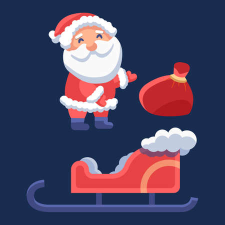 Santa Claus with sledge on navy blue backdrop. Christmas holiday postcard for invitation or gift card, notebook, bath tile, scrapbook. Phone case or cloth print. Flat style stock vector illustrationのイラスト素材