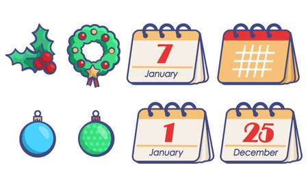 Holly and calendar pages on white isolated backdrop. Christmas sticker set for invitation or gift card, notebook, bath tile, scrapbook. Phone case or cloth print. Flat style stock vector illustrationのイラスト素材