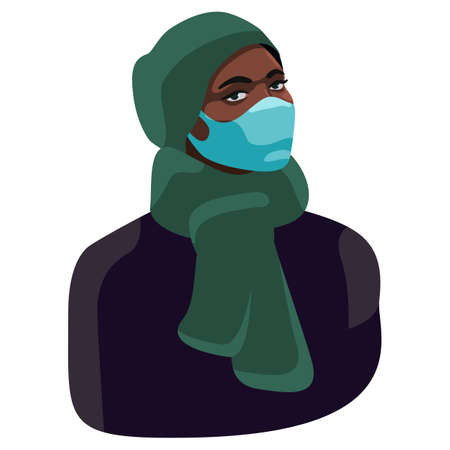 Young woman on white isolated backdrop. African woman in mask for social banner or propaganda, hygiene promotion, medical poster. Chemist shop logo or info card. Flat style stock vector illustrationのイラスト素材