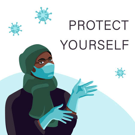 Black woman in mask, gloves on white backdrop. Protect yourself text for social banner or propaganda, hygiene promotion, medical poster. Chemist shop logo or card. Flat style stock vector illustrationのイラスト素材