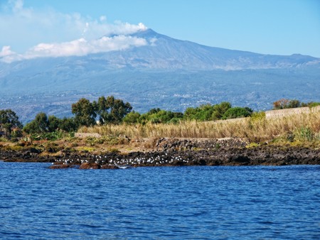 View of the volcano Etna (Sicilia, Italy) from seaの写真素材
