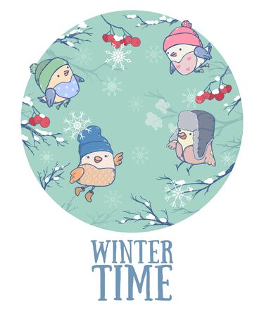 Vector illustration with cute birds in a knitted cap. Winter holidaysのイラスト素材