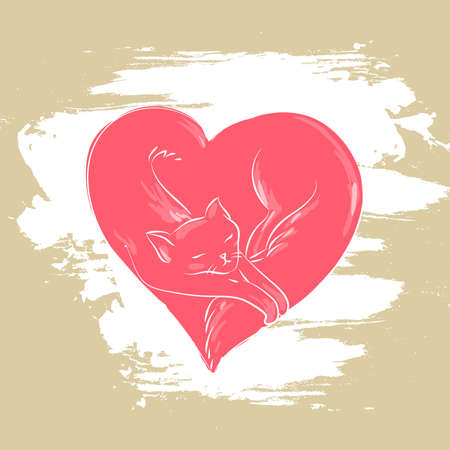 Vintage card with heart and cute cat.Valentine cardのイラスト素材