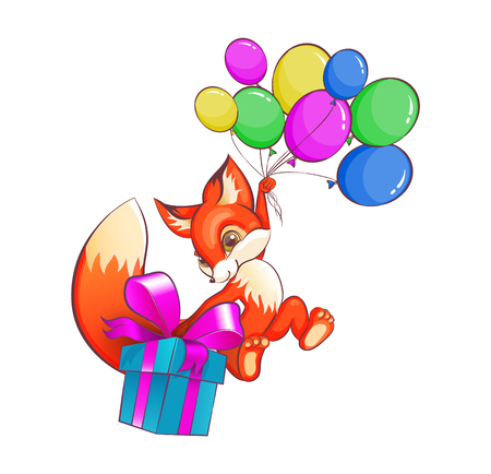 Funny flying fox on balloons with a box of gift.のイラスト素材
