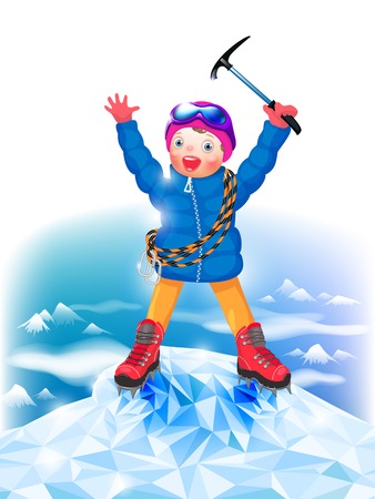 A man on top of a mountain. The joy of achieving the goal. The climber conquered the summit.のイラスト素材