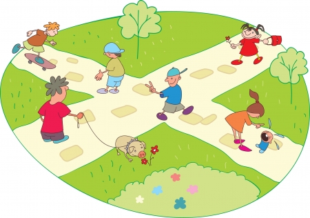  Cartoon characters on a walk in the city parkのイラスト素材