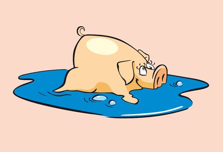 funny cartoon pig lies in a puddleのイラスト素材