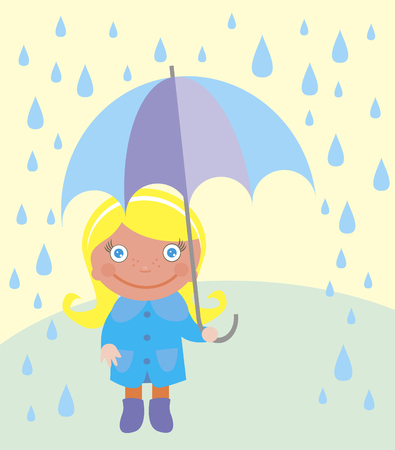 Cute girl with umbrella and raindrops over landscape. vectorのイラスト素材