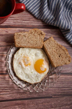 fried eggs with two slices of bread on a plate on a wooden table.