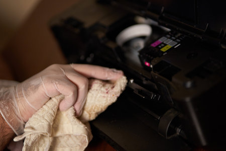 Ink is removed from printer. Printer is checked by technician.